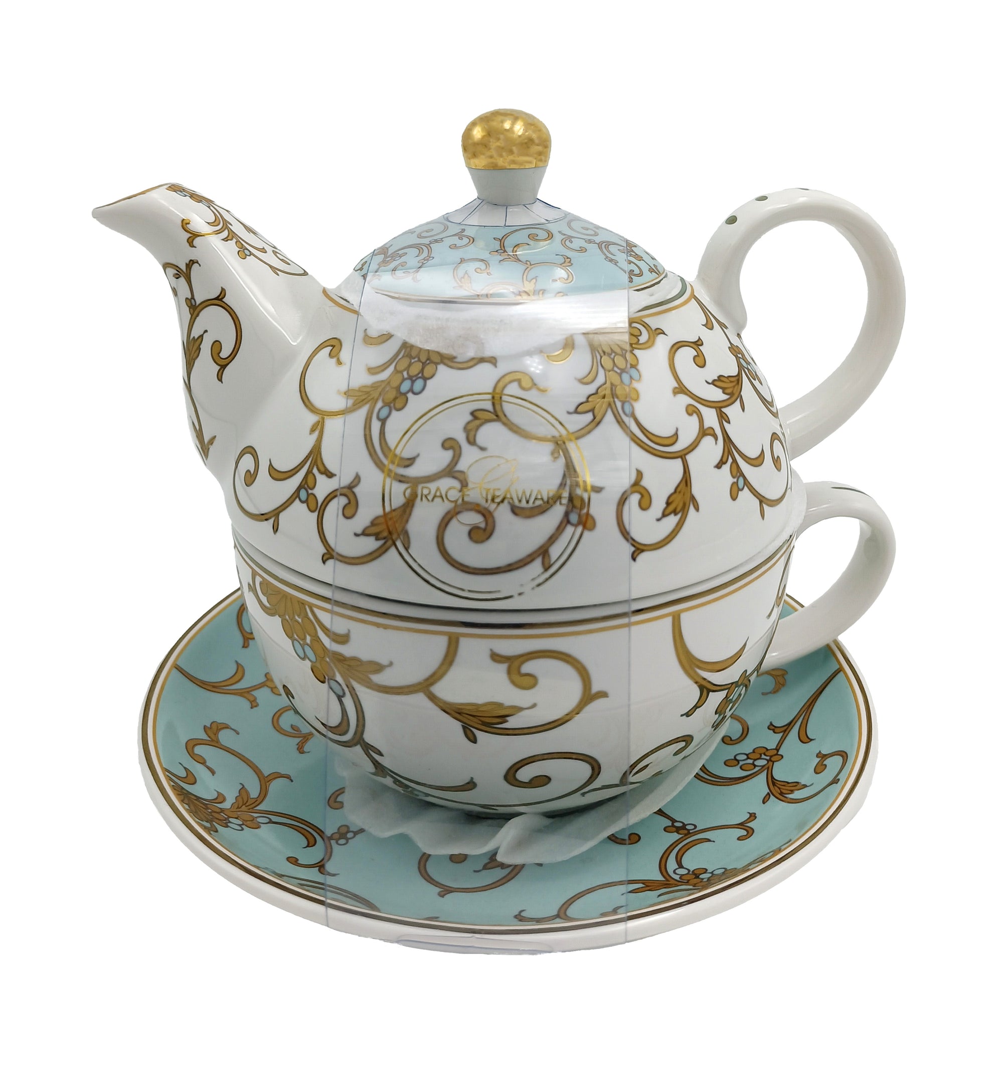 Tea for One Aqua & Gold Swirl